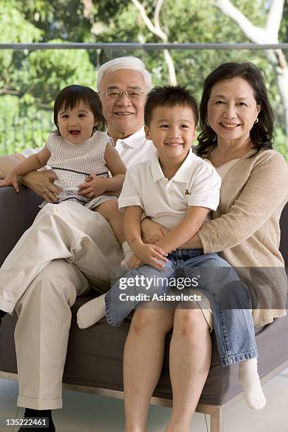 portrait of grandparents with their grandson and granddaughter - front view portrait of four children sitting on rock stock-fotos und bilder