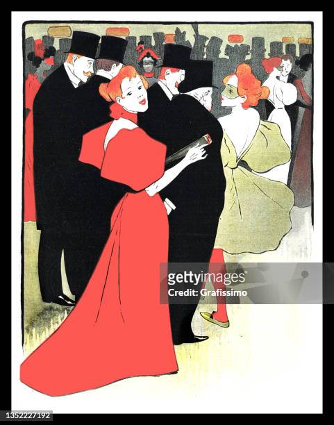 ilustrações, clipart, desenhos animados e ícones de mulher de vestido vermelho em salão art nouveau 1898 - art nouveau
