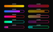 Progress load bar. Indicator of status download. Graphic icons of interface. Neon buttons of speed of upload. Color set of web loaders with percent. Futuristic UI for website, game, internet. Vector