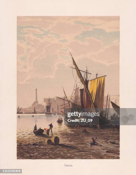 port of genoa, italy, chromolithograph, published in 1890 - sailboat painting stock illustrations