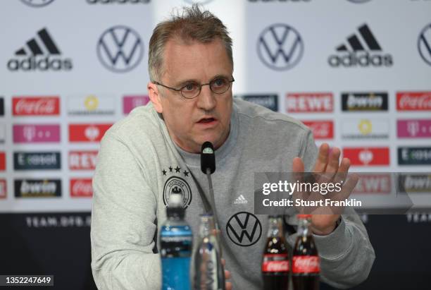 Professor Doctor Tim Meyer, team doctor talks with the media during a press conference on November 09, 2021 in Wolfsburg, Germany.