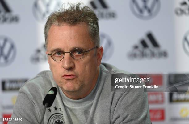 Professor Doctor Tim Meyer, team doctor talks with the media during a press conference on November 09, 2021 in Wolfsburg, Germany.
