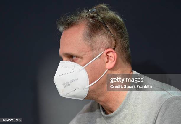 Professor Doctor Tim Meyer, team doctor talks with the media during a press conference on November 09, 2021 in Wolfsburg, Germany.