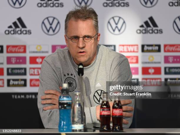 Professor Doctor Tim Meyer, team doctor talks with the media during a press conference on November 09, 2021 in Wolfsburg, Germany.