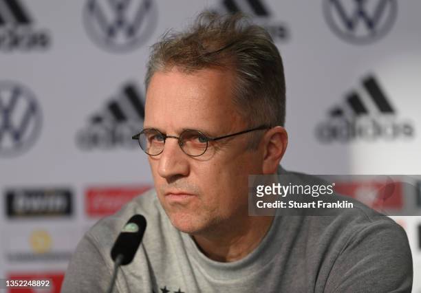 Professor Doctor Tim Meyer, team doctor talks with the media during a press conference on November 09, 2021 in Wolfsburg, Germany.