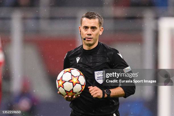 Referee Clément Turpin during the UEFA Champions League group B match between AC Milan and FC Porto at Giuseppe Meazza Stadium on November 3, 2021 in...