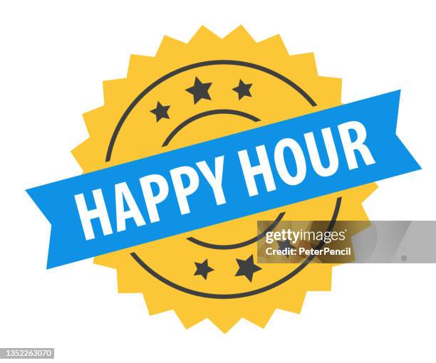 happy hour - stamp, imprint, seal template. grunge effect. vector stock illustration - printing process stock illustrations
