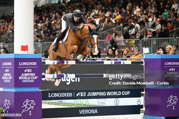 Steve Guerdat of Switzerland riding Victorio des Frotards during Longines FEI Jumping World Cup Verona Presented by Volkswagen on November 7, 2021 in...