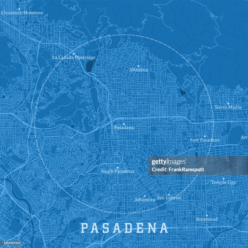 Pasadena CA City Vector Road Map Blue Text