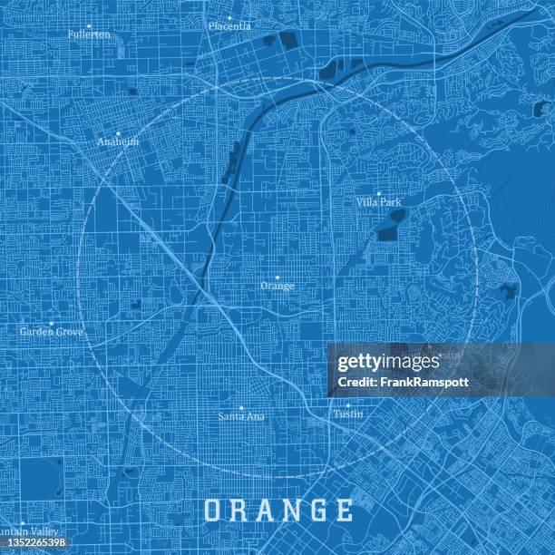 ilustrações, clipart, desenhos animados e ícones de texto azul do mapa azul do mapa do vetor da cidade de ca orange - anaheim california