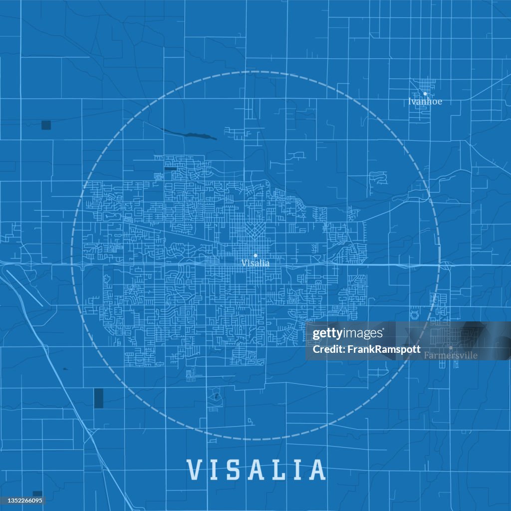 Visalia CA City Vector Road Map Blue Text