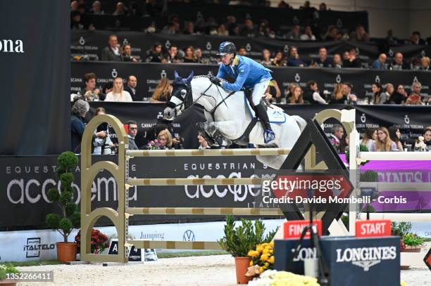Christian Ahlmann of Germany riding Clintrexo Z during Longines FEI Jumping World Cup Verona Presented by Volkswagen on November 7, 2021 in Verona,...