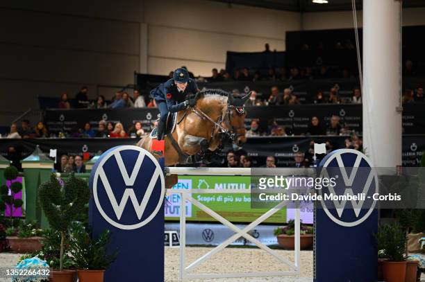 Lorenzo De Luca of Italy riding F One USA during Longines FEI Jumping World Cup Verona Presented by Volkswagen on November 7, 2021 in Verona, Italy.