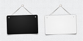 White and black shop door signs hanging isolated on transparent background. Empty or blank sign for store, restaurant or cafe. Vector illustration. EPS 10