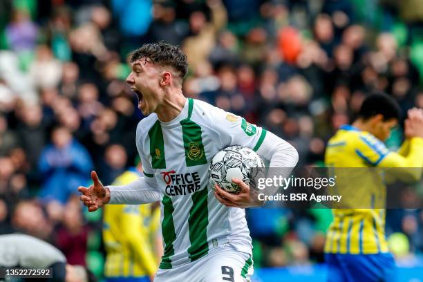 Jorgen Strand Larsen of FC Groningen celebrates after score the first goal for his team during the Dutch Eredivisie match between FC Groningen and...