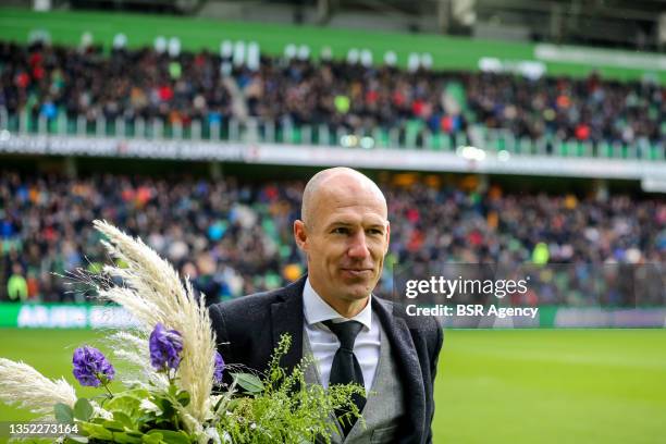 Tribute to Arjen Robben during the Dutch Eredivisie match between FC Groningen and RKC Waalwijk at Euroborg on November 7, 2021 in Groningen,...