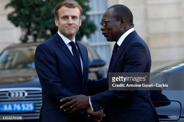 French President Emmanuel Macron welcomes Benin's President Patrice Talon at the Elysee Palace in Paris, on November 9, 2021. French President Macron...