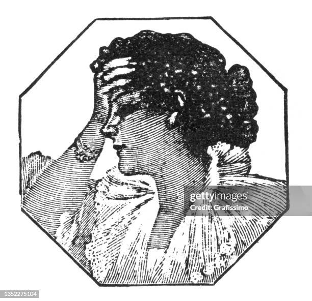 stockillustraties, clipart, cartoons en iconen met young woman with headache holding her head art nouveau 1897 - fever