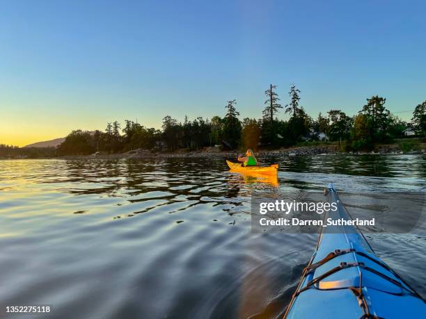 rear view of a woman kayaking, pat bay, vancouver island, british columbia, canada - vancouver island stock pictures, royalty-free photos & images