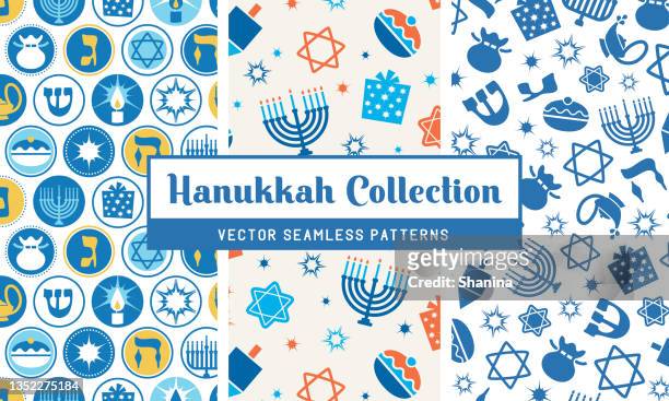ilustraciones, imágenes clip art, dibujos animados e iconos de stock de colección de patrones sin fisuras de hanukkah - dreidel