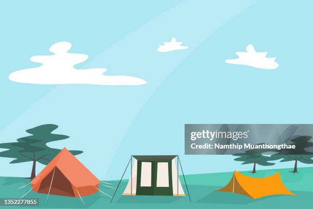 camping illustration concept shows people enjoy vacation in their tent among the natural park with the copy space. - camping illustration stock pictures, royalty-free photos & images