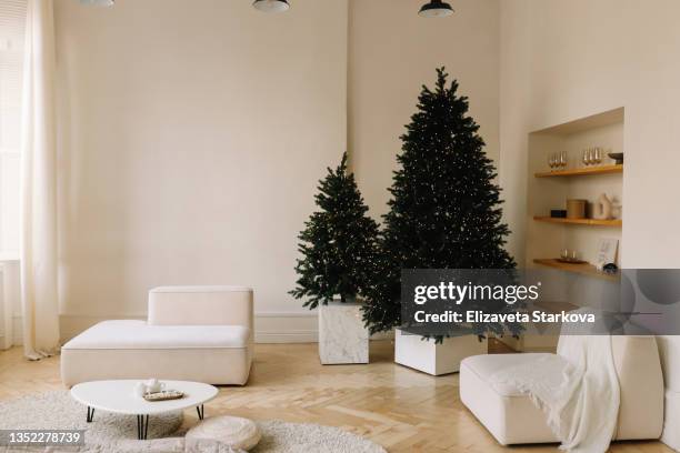 christmas decorated interior of the living room with a sofa and two christmas trees in the festive new year holiday indoor. picture defocused - blurry living room stockfoto's en -beelden