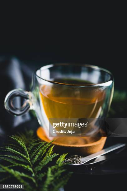 cup of herbal tea - green tea leaves stock pictures, royalty-free photos & images