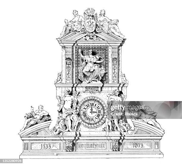 antique illustration: clock, hotel de ville, paris - le marais stock illustrations