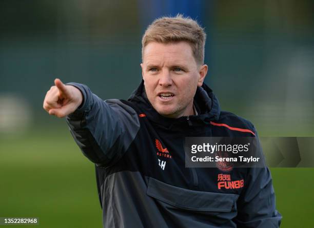 Newcastle United Head Coach Eddie Howe takes his first training session at the Newcastle United Training Centre on November 09, 2021 in Newcastle...