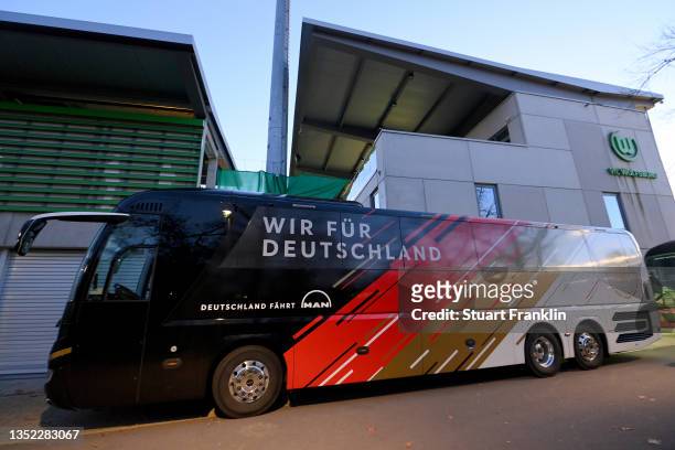 The team bus of the German National Team is seen after a training session at training ground D on November 09, 2021 in Wolfsburg, Germany.