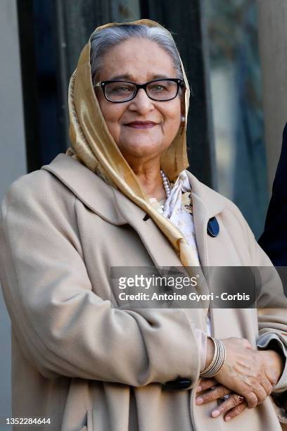 Sheikh Hasina, Prime Minister of Bangladesh arrives for a working lunch with French President Emmanuel Macron at Elysee Palace on November 9, 2021 in...
