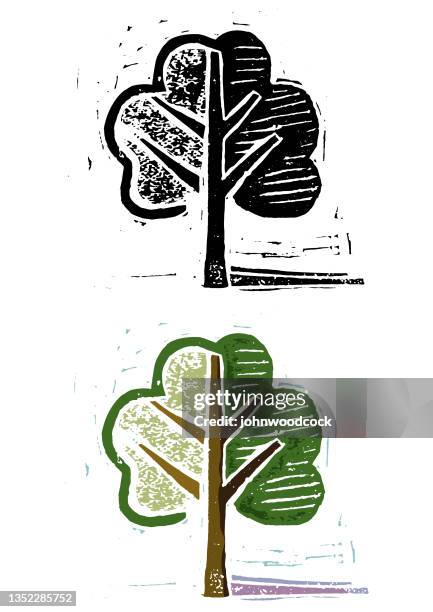 linolschnitt-baum-illustration - linolschnitt stock-grafiken, -clipart, -cartoons und -symbole