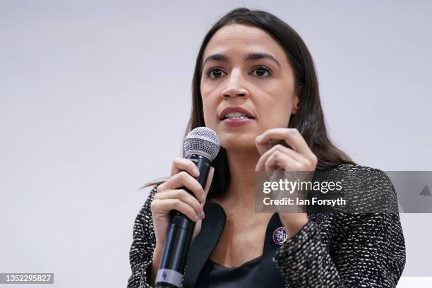 Alexandria Ocasio-Cortez, U.S. Representative for New York's 14th congressional district, speaks during an event at the US Climate Action Centre...