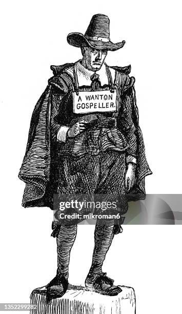 old engraved illustration of a wanton gospeller, in addition to fines and whippings, the puritans used public shame as a form of punishment to humiliate the offenders - an old mistress stock pictures, royalty-free photos & images