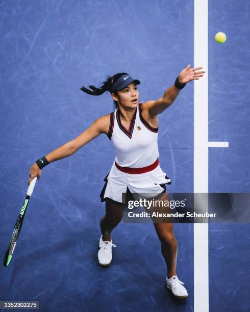 Emma Raducanu of Great Britain in action during the WTA Upper Austria Ladies Linz Round of 16 on November 09, 2021 in Linz, Austria.