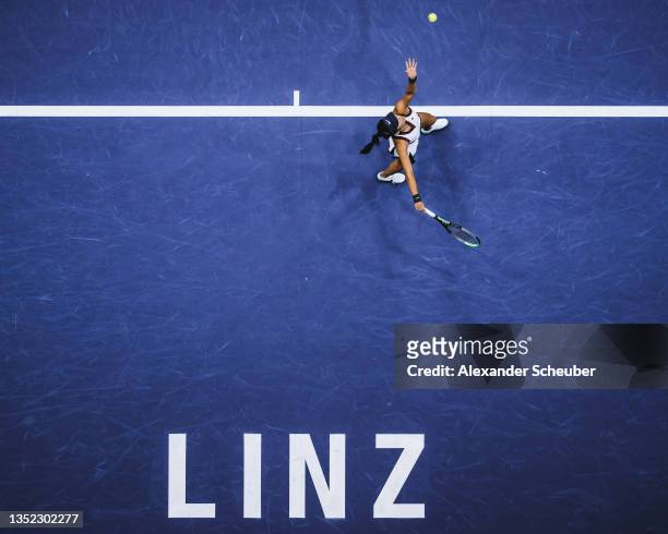 Emma Raducanu of Great Britain in action during the WTA Upper Austria Ladies Linz Round of 16 on November 09, 2021 in Linz, Austria.