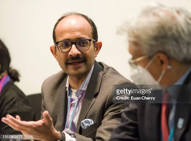 Kamal Kishore speaks at the NRDC COP26 India Hybrid Event: Changing the Climate for the Most Vulnerable at the Radisson Blu on November 09, 2021 in...