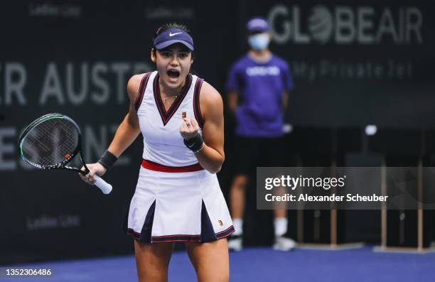 Emma Raducanu of Great Britain reacts during the WTA Upper Austria Ladies Linz Round of 16 on November 09, 2021 in Linz, Austria.