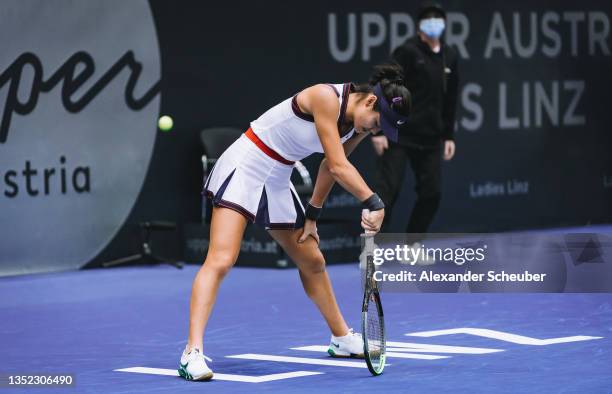 Emma Raducanu of Great Britain reacts during the WTA Upper Austria Ladies Linz Round of 16 on November 09, 2021 in Linz, Austria.