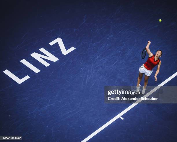 Simona Halep of Romania in action during the WTA Upper Austria Ladies Linz Round of 16 on November 09, 2021 in Linz, Austria.