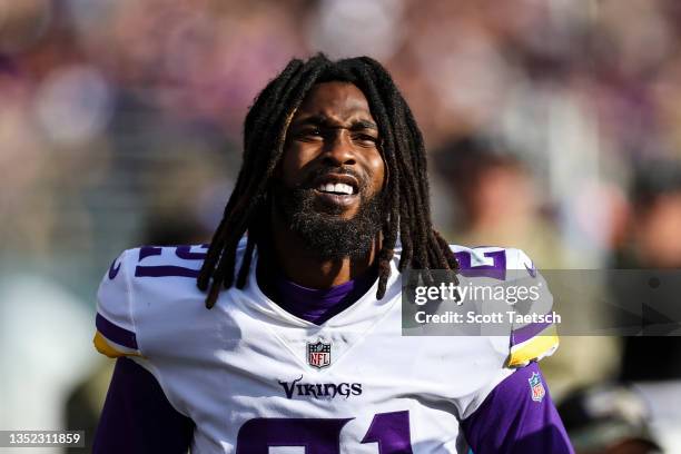 Bashaud Breeland of the Minnesota Vikings looks on from the sidelines after being injured during the first half of the game against the Baltimore...