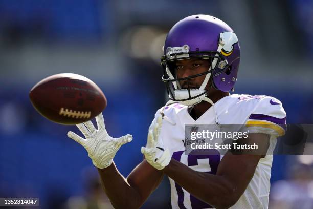 Dede Westbrook of the Minnesota Vikings warms up before the game against the Baltimore Ravens at M&T Bank Stadium on November 7, 2021 in Baltimore,...