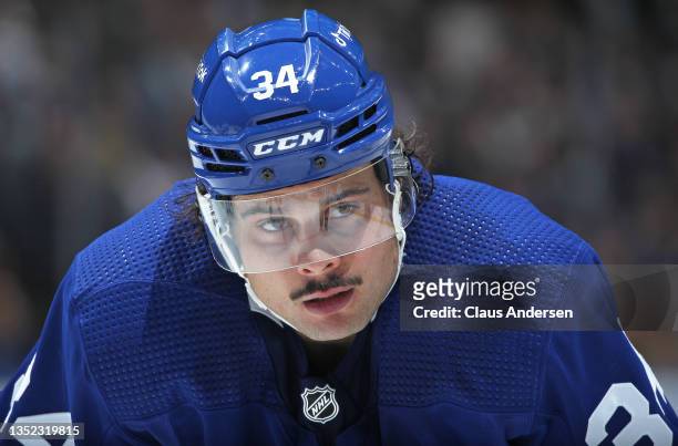 Auston Matthews of the Toronto Maple leafs gets set for a faceoff against the Los Angeles Kings during an NHL game at Scotiabank Arena on November 8,...