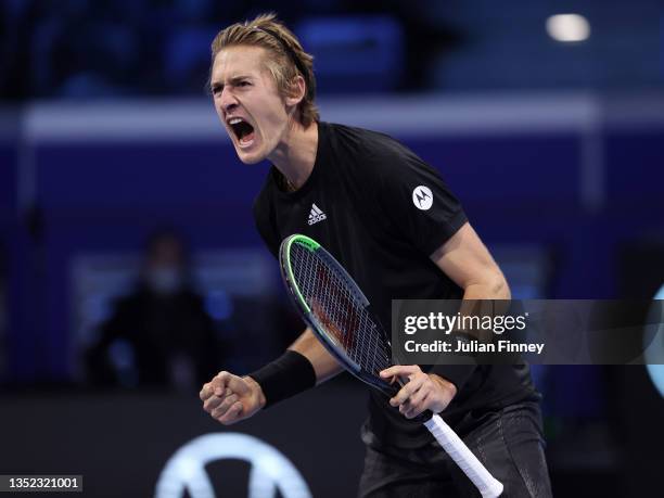 Sebastian Korda of USA celebrates taking the fourth set in his round robin match against Hugo Gaston of France during Day One of the Next Gen ATP...