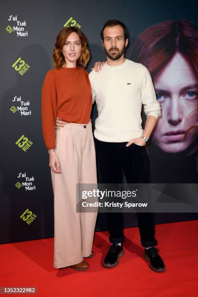 Erika Sainte and Antoine Gouy attend the "J'Ai Tue Mon Mari" premiere at Cercle D'Aumale on November 09, 2021 in Paris, France.