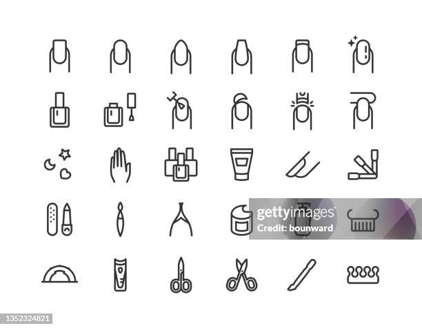 ilustraciones, imágenes clip art, dibujos animados e iconos de stock de iconos de línea de manicura de uñas trazo editable - uña de la mano