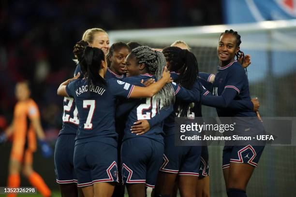 Marie-Antoinette Katoto of Paris celebrates with team mates after scoring their team's 3rd goal during the UEFA Women's Champions League group B...