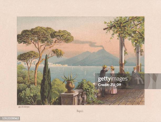 bildbanksillustrationer, clip art samt tecknat material och ikoner med historical view of naples, italy with vesuvius, chromolithograph, published 1890 - italian cypress