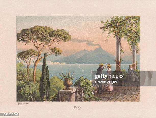 historical view of naples, italy with vesuvius, chromolithograph, published 1890 - naples italy stock illustrations