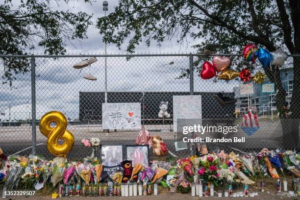 Memorial to those who died at the Astroworld festival is displayed outside of NRG Park on November 09, 2021 in Houston, Texas. Eight people were...